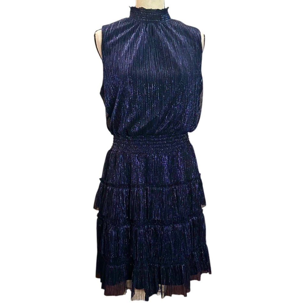 Sam & Jess Dress L Shimmer Navy Blue Tiered Skirt Midi